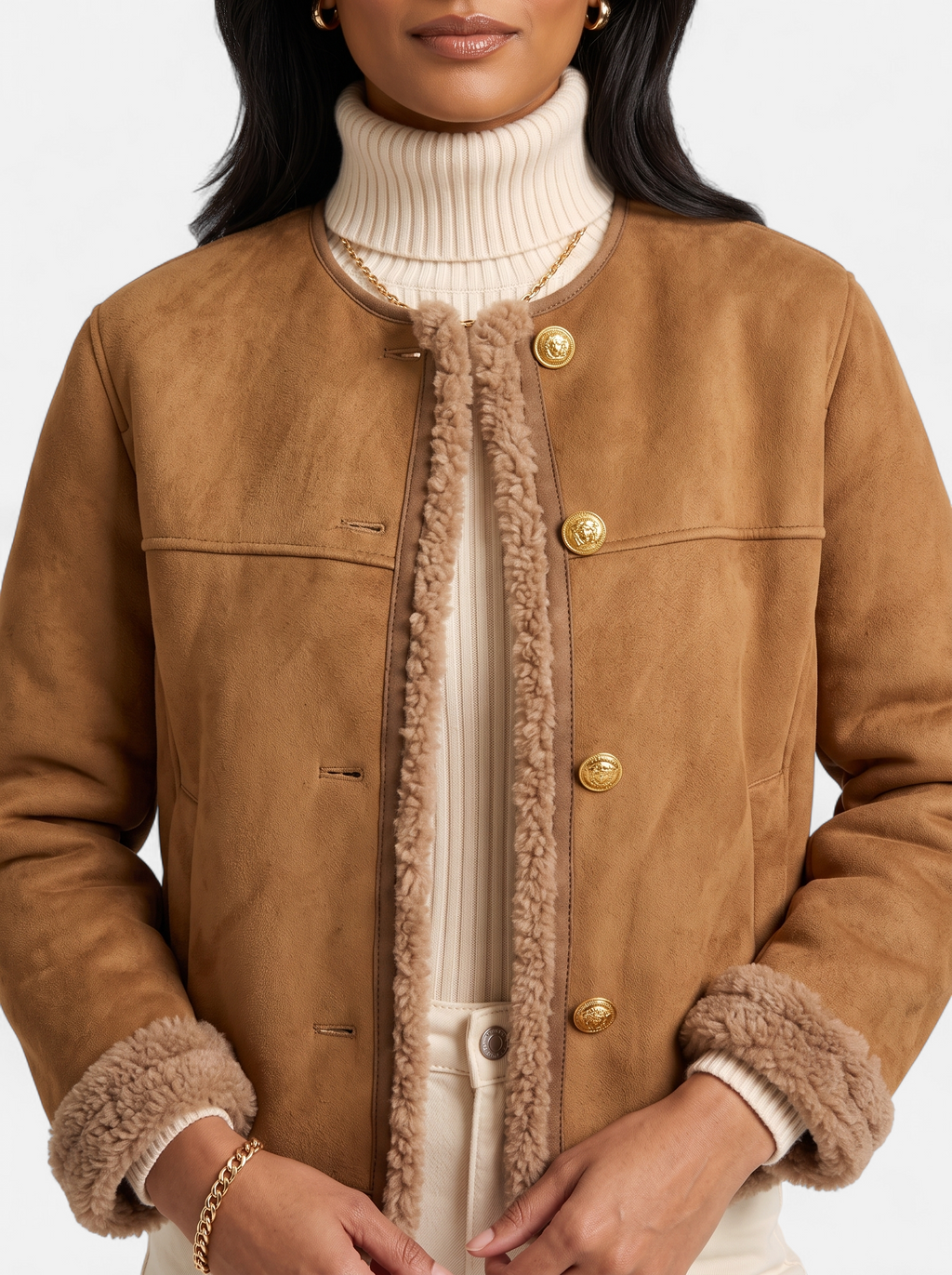 Women's beige faux fur motorcycle jacket detail shot