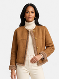Women's beige faux fur motorcycle jacket hero shot