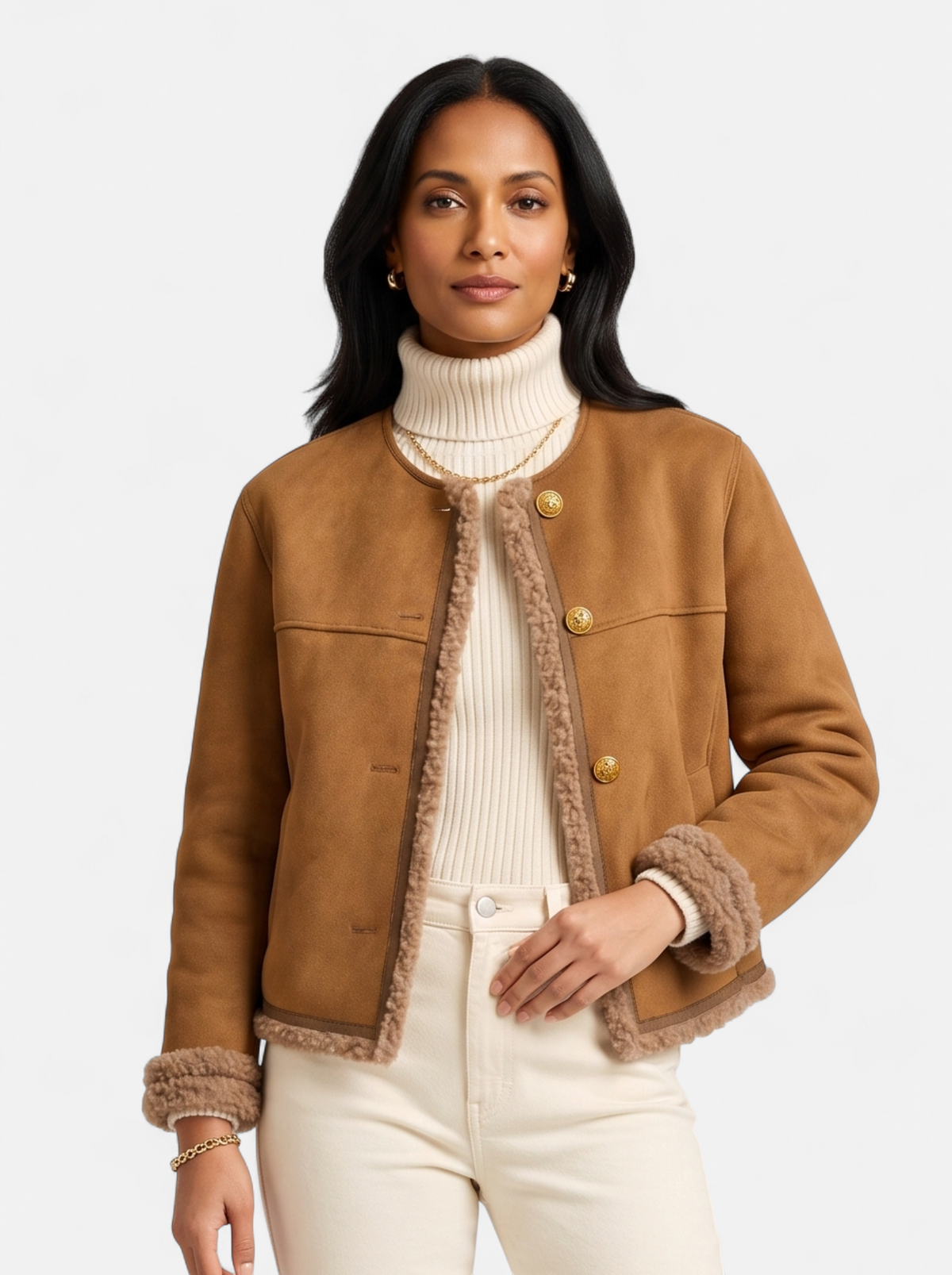 Women's beige faux fur motorcycle jacket hero shot