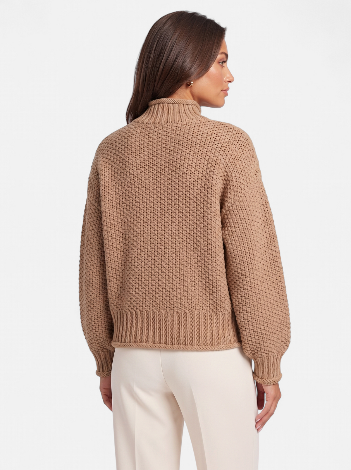 Women's beige oversized turtleneck sweater back shot