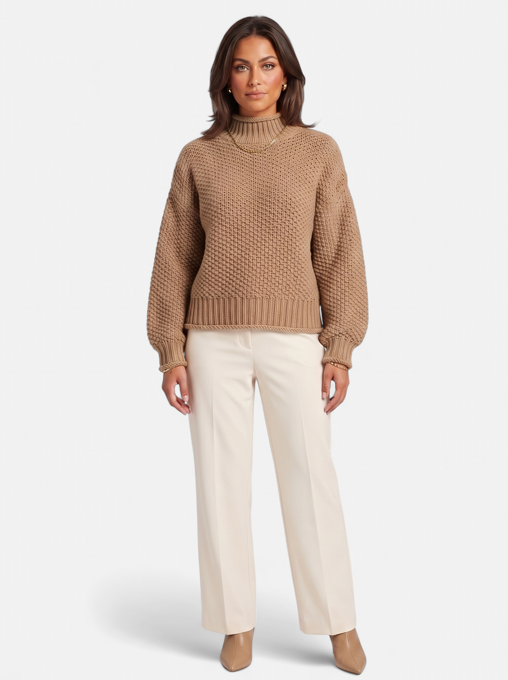 Women's beige oversized turtleneck sweater full body shot