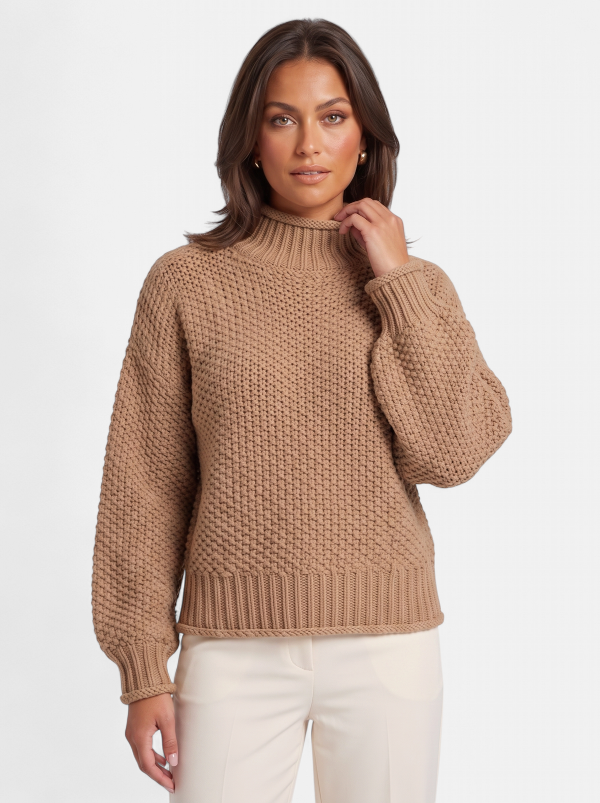 Women's beige oversized turtleneck sweater hero shot