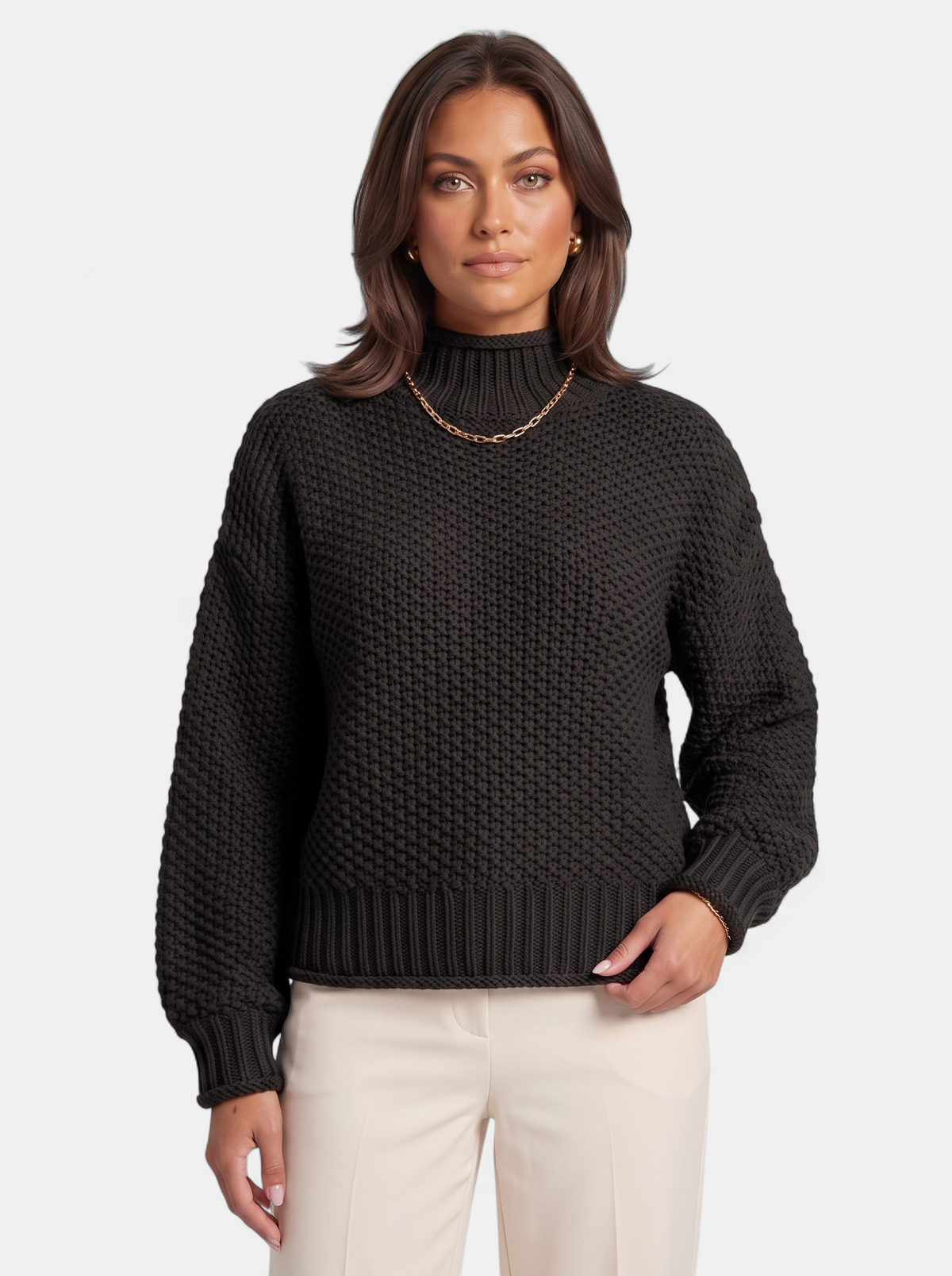 Women's black oversized turtleneck sweater hero shot