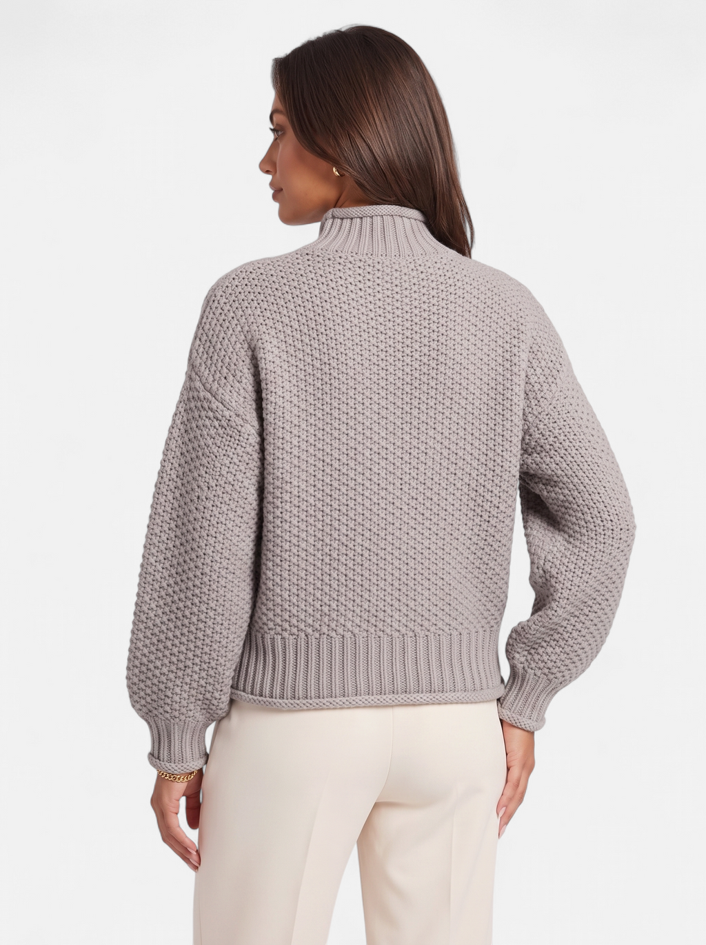 Women's gray oversized turtleneck sweater back shot