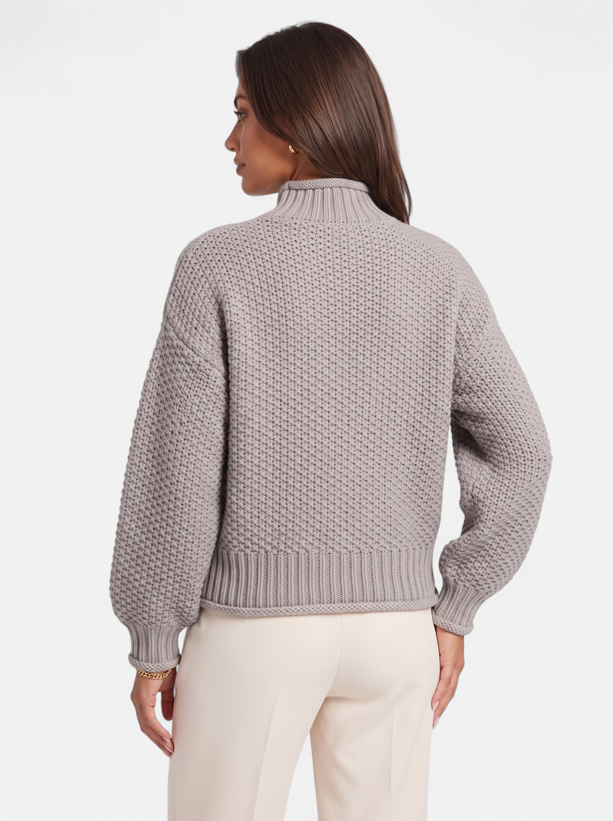 Women's gray oversized turtleneck sweater back shot