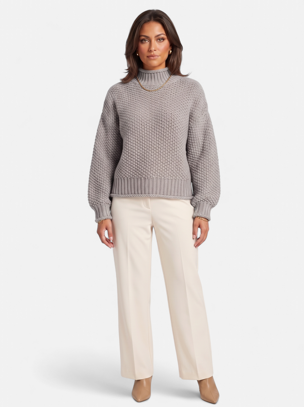 Women's gray oversized turtleneck sweater full body shot