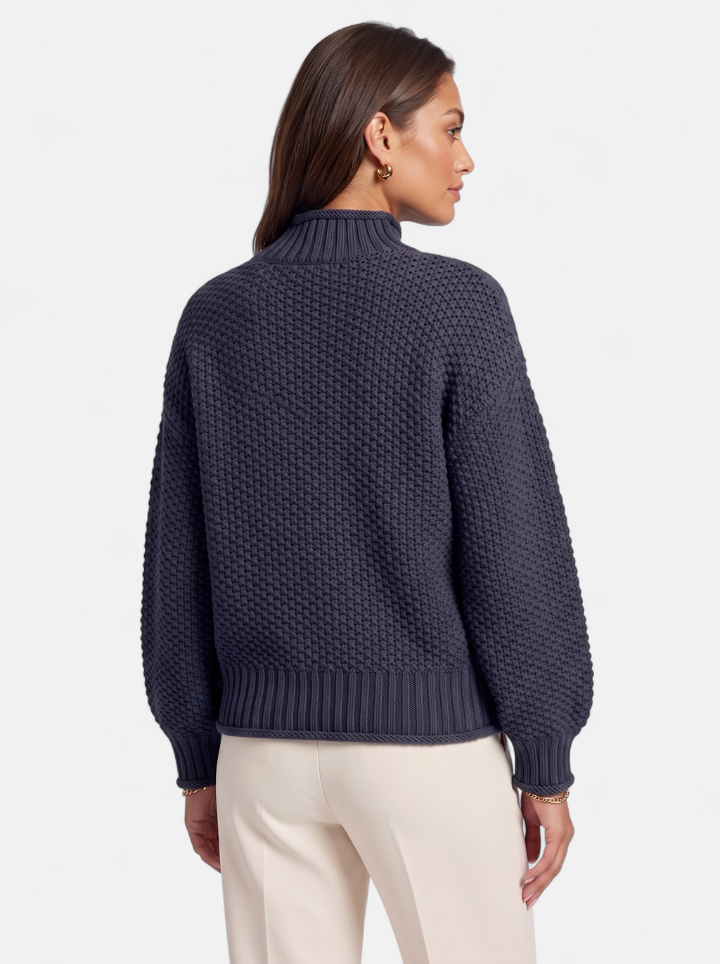 Women's navy oversized turtleneck sweater back shot