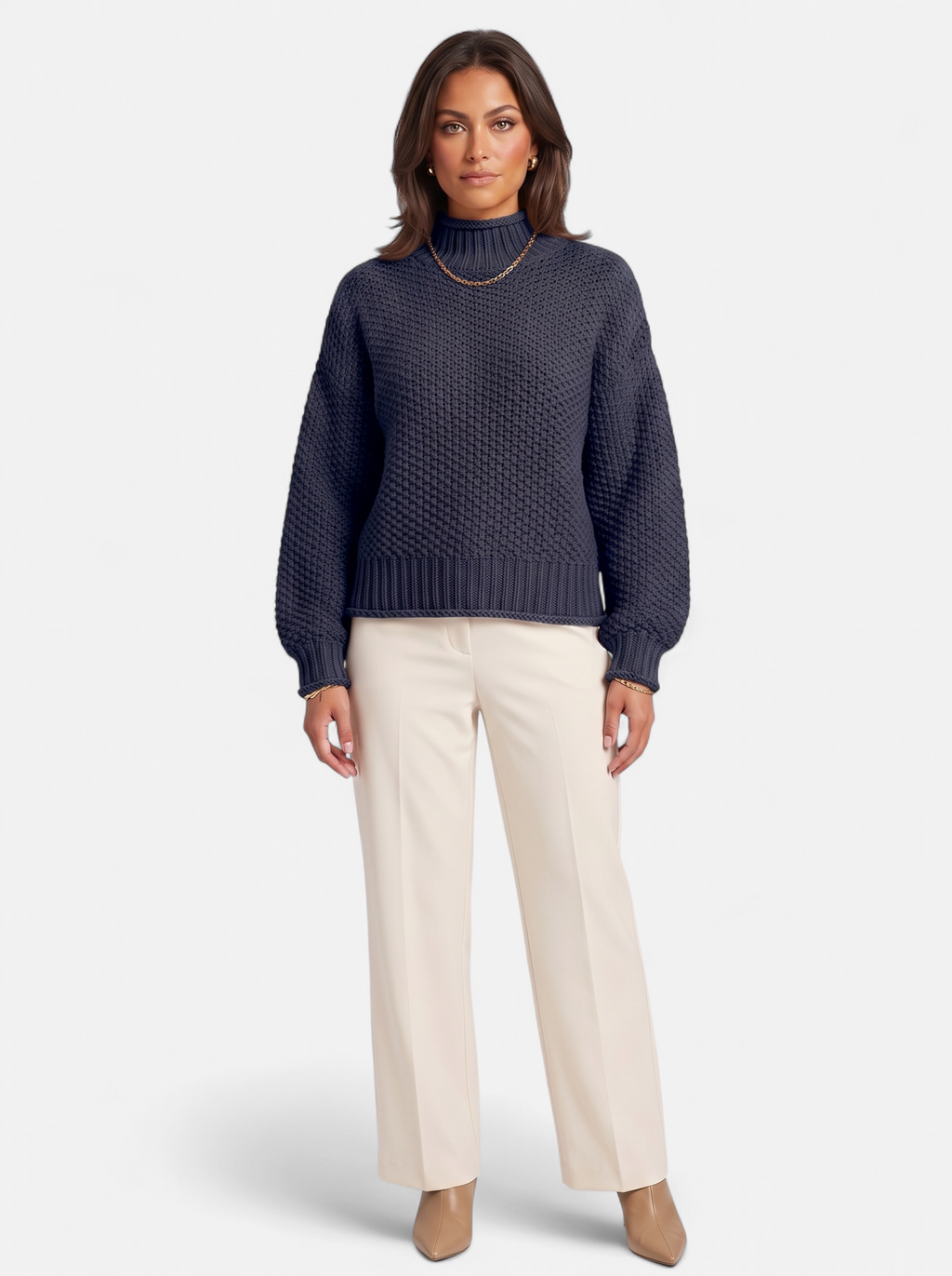 Women's navy oversized turtleneck sweater full body shot