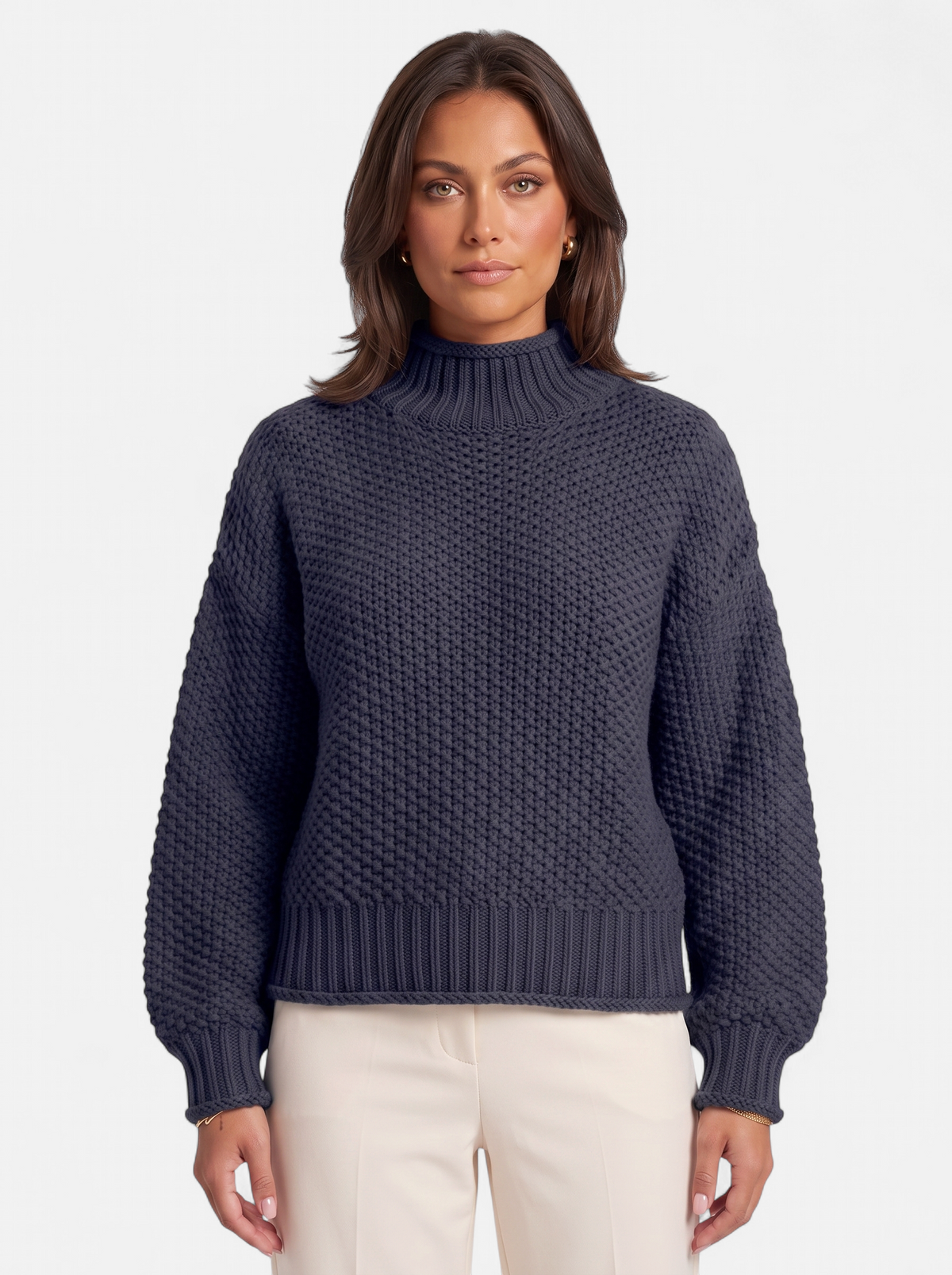 Women's navy oversized turtleneck sweater hero shot