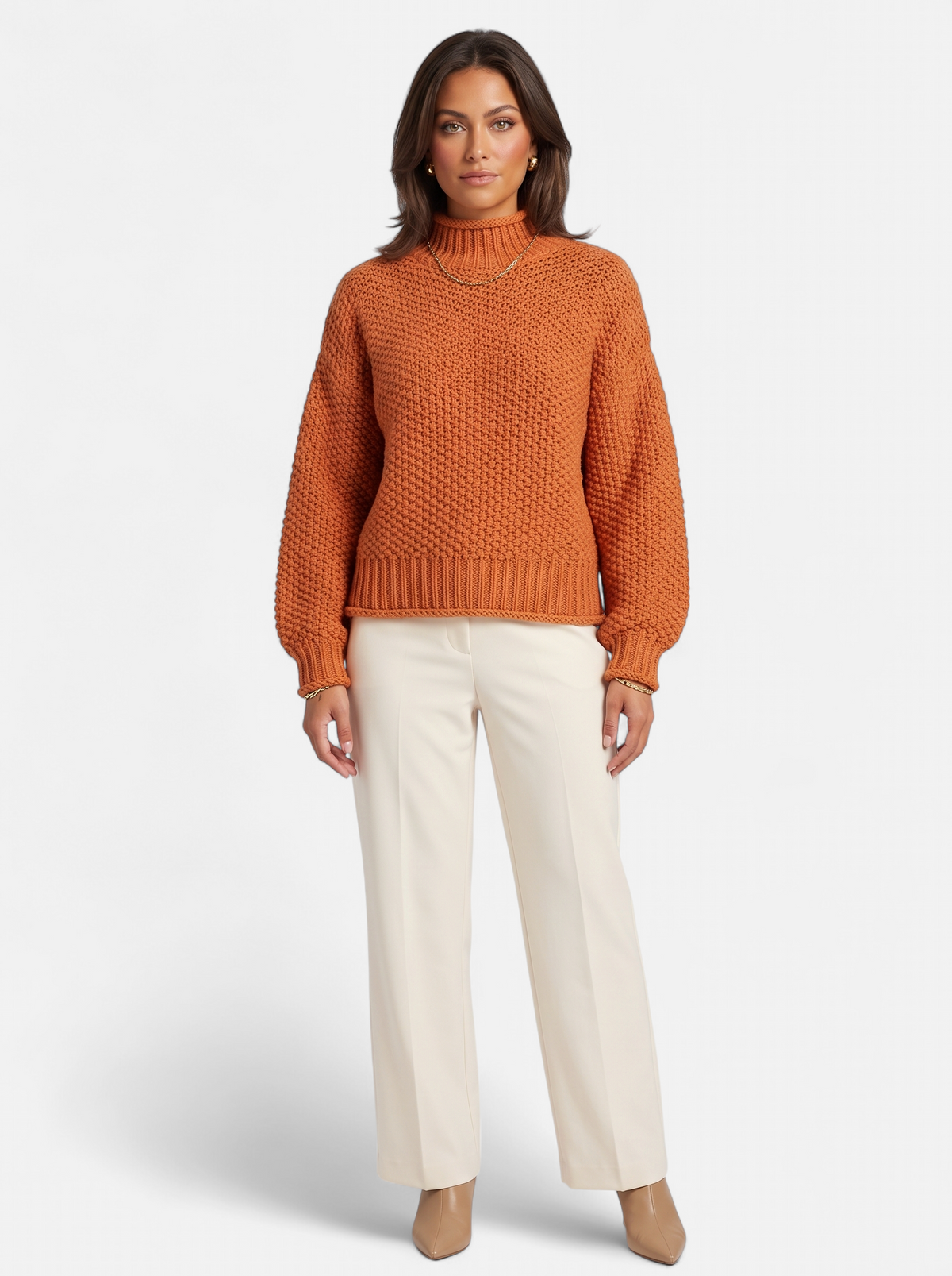 Women's orange oversized turtleneck sweater full body shot