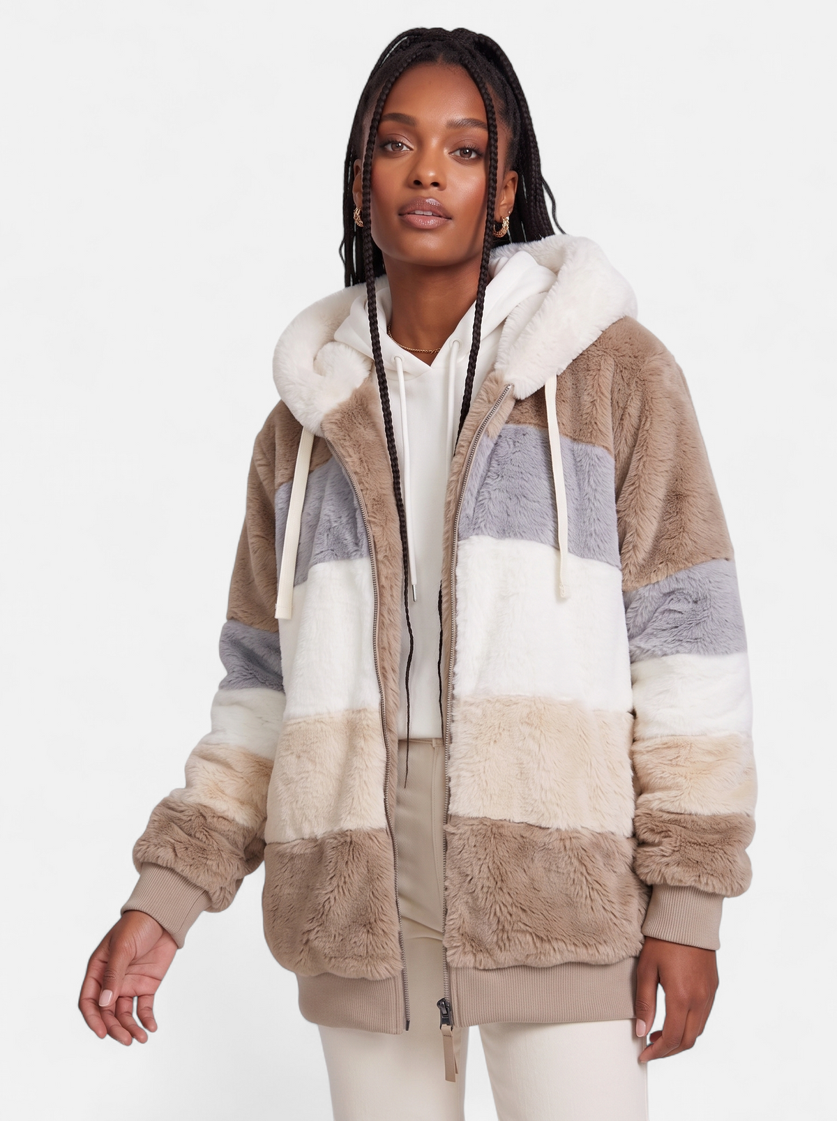 Women's beige oversized hooded jacket hero shot