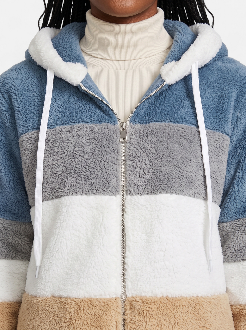 Women's blue oversized hooded jacket detail shot