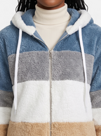 Women's blue oversized hooded jacket detail shot