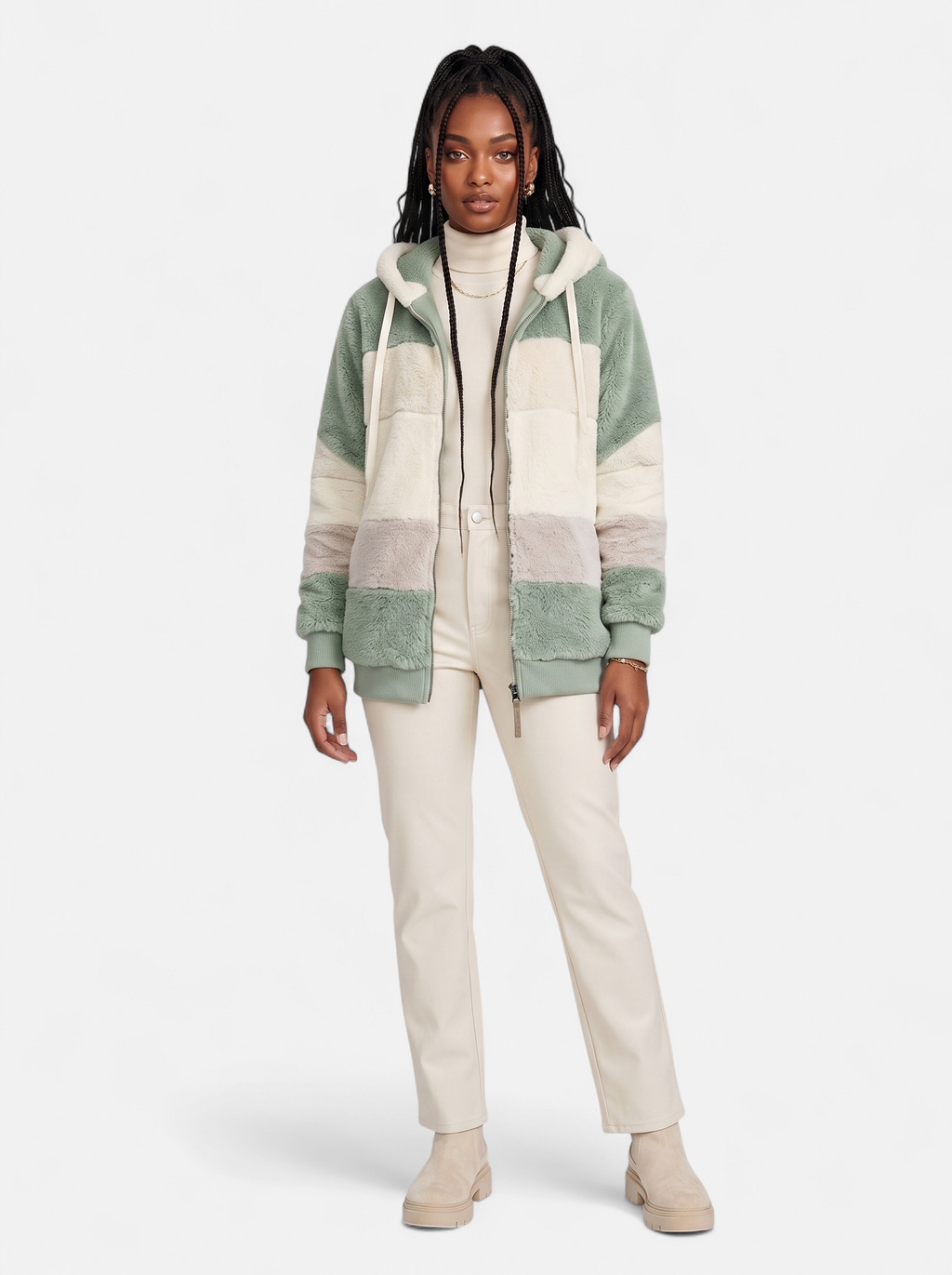 Women's green oversized hooded jacket full body shot