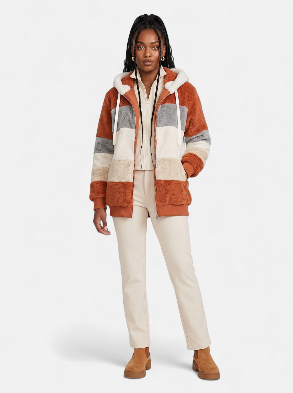 Women's orange oversized hooded jacket full body shot