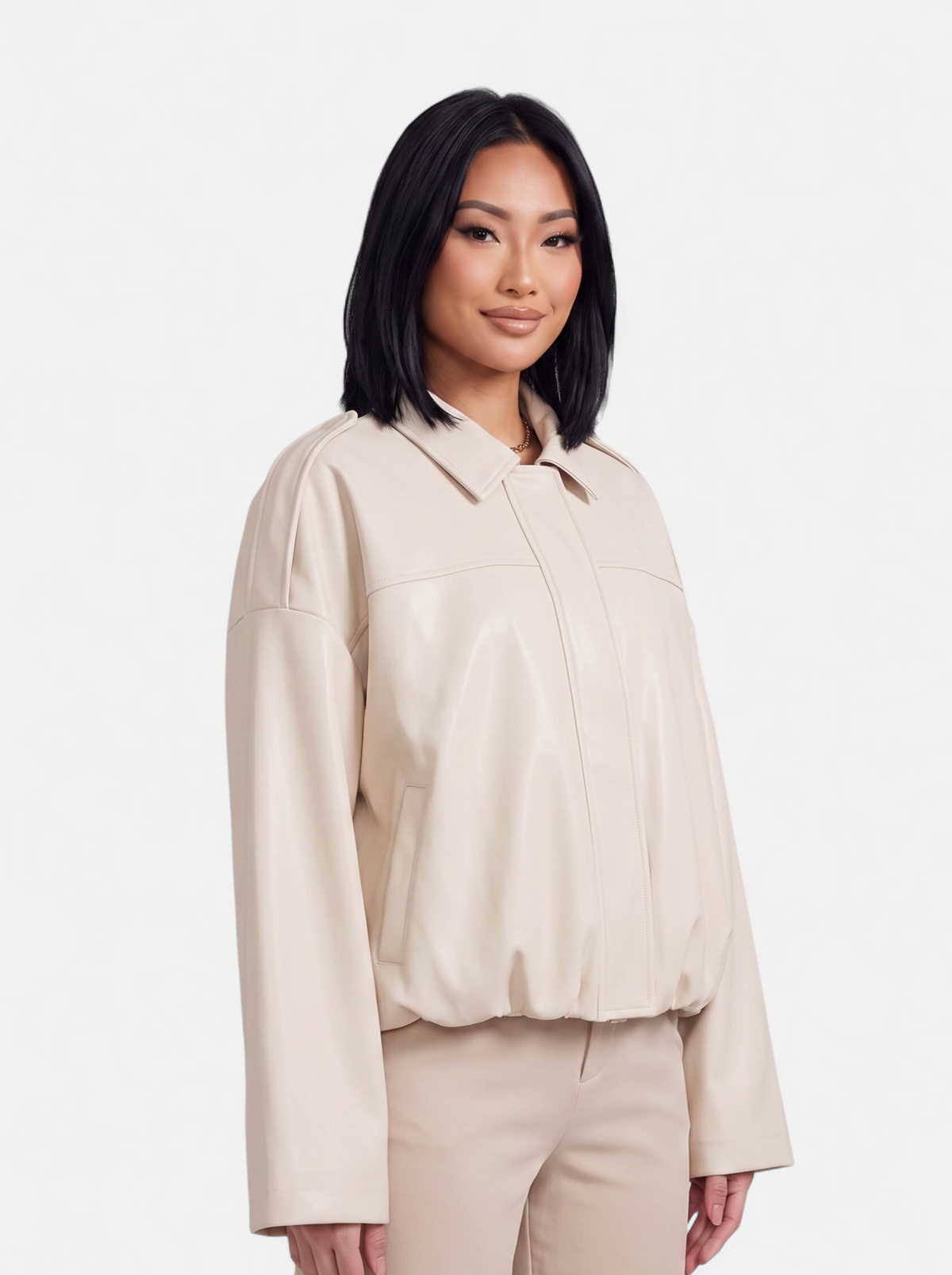 Women's beige oversized bomber jacket hero shot