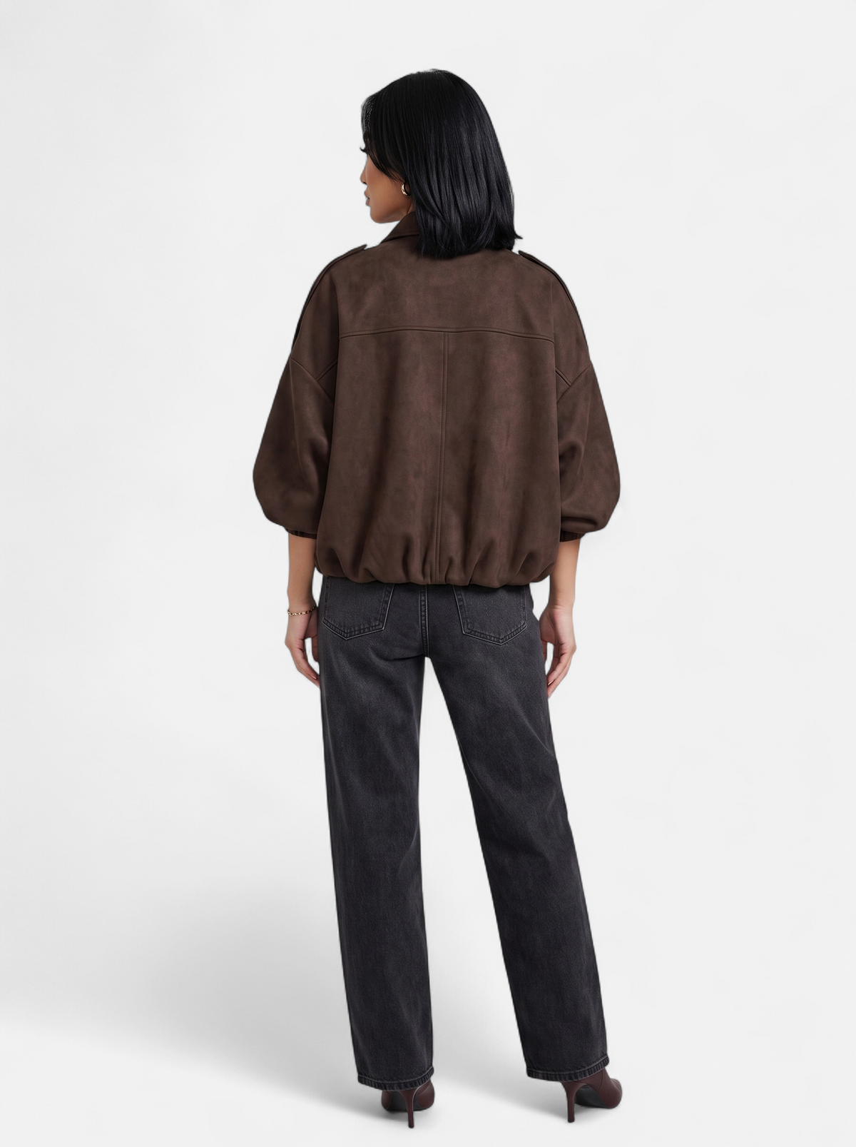 Women's brown oversized bomber jacket back shot