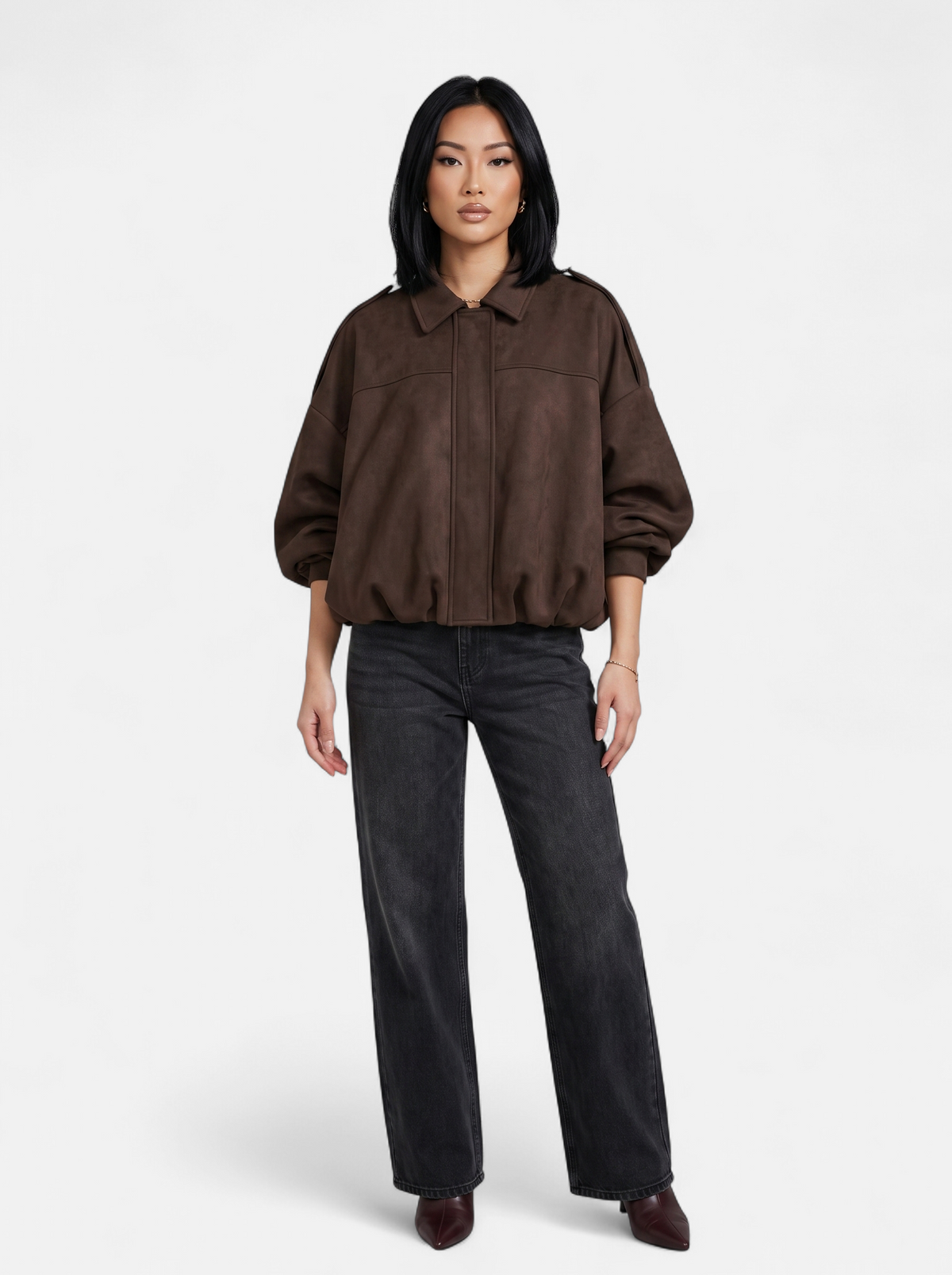 Women's brown oversized bomber jacket full body shot