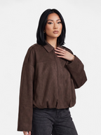 Women's brown oversized bomber jacket hero shot