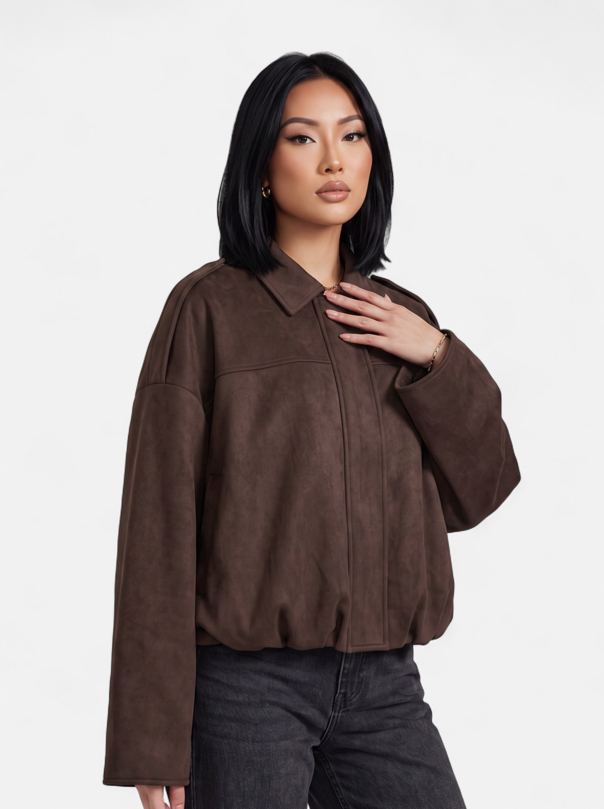 Women's brown oversized bomber jacket hero shot