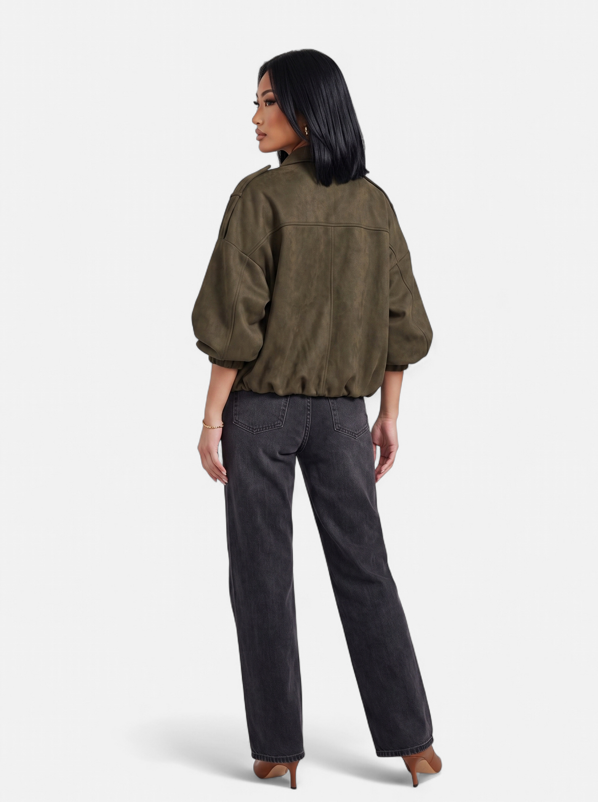 Women's green oversized bomber jacket back shot