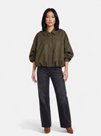 Women's green oversized bomber jacket full body shot