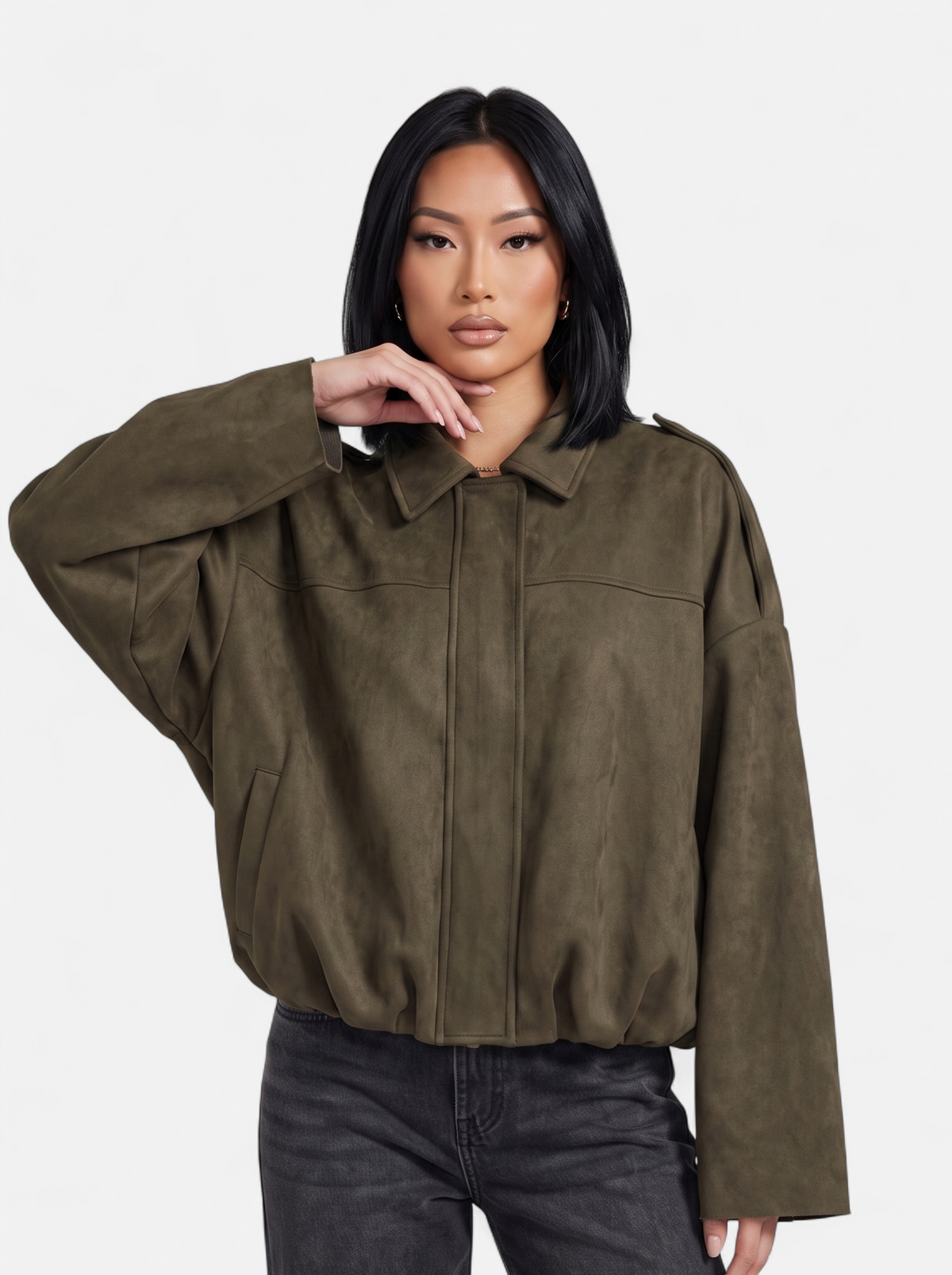 Women's green oversized bomber jacket hero shot