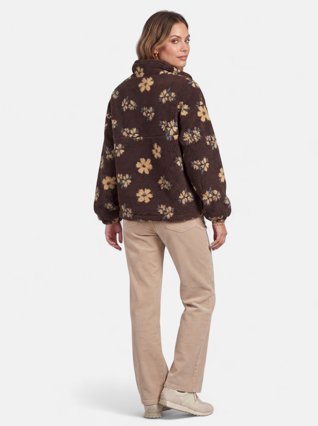 Women's brown floral fleece half-zip jacket back shot