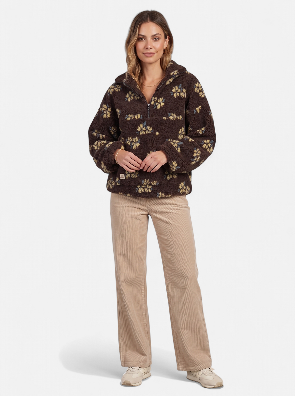 Women's brown floral fleece half-zip jacket full body shot