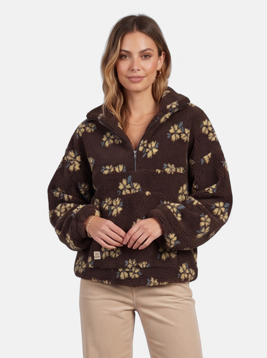 Women's brown floral fleece half-zip jacket hero shot