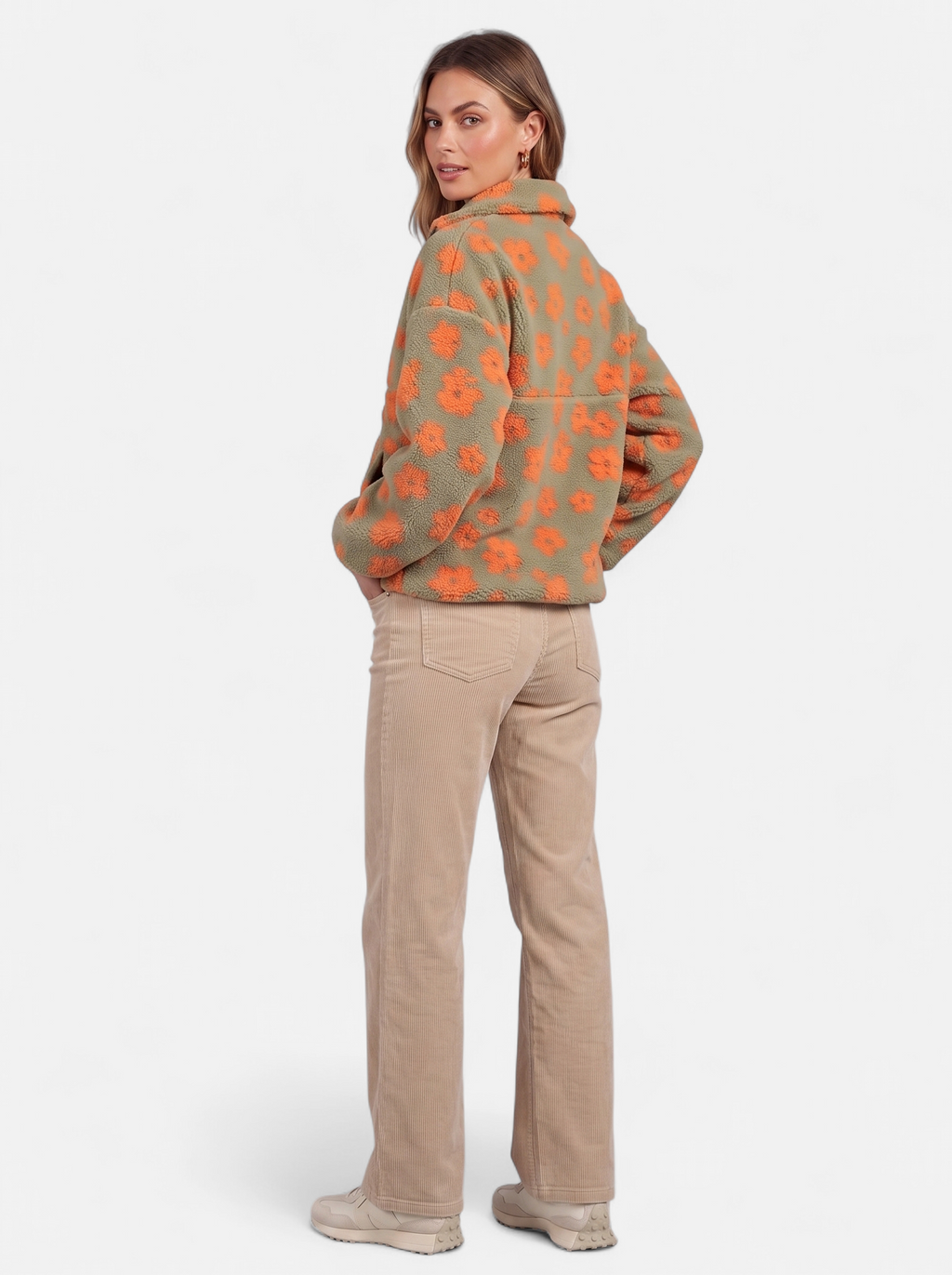 Women's orange floral fleece half-zip jacket back shot