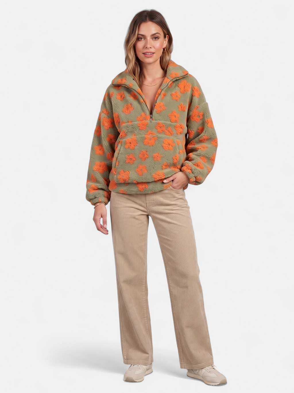 Women's orange floral fleece half-zip jacket full body shot