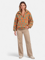 Women's orange floral fleece half-zip jacket full body shot