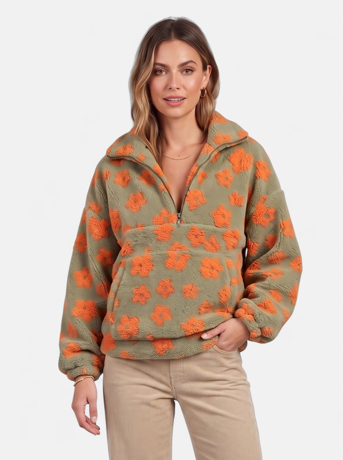 Women's orange floral fleece half-zip jacket hero shot