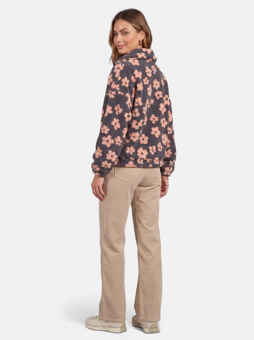 Women's pink floral fleece half-zip jacket back shot