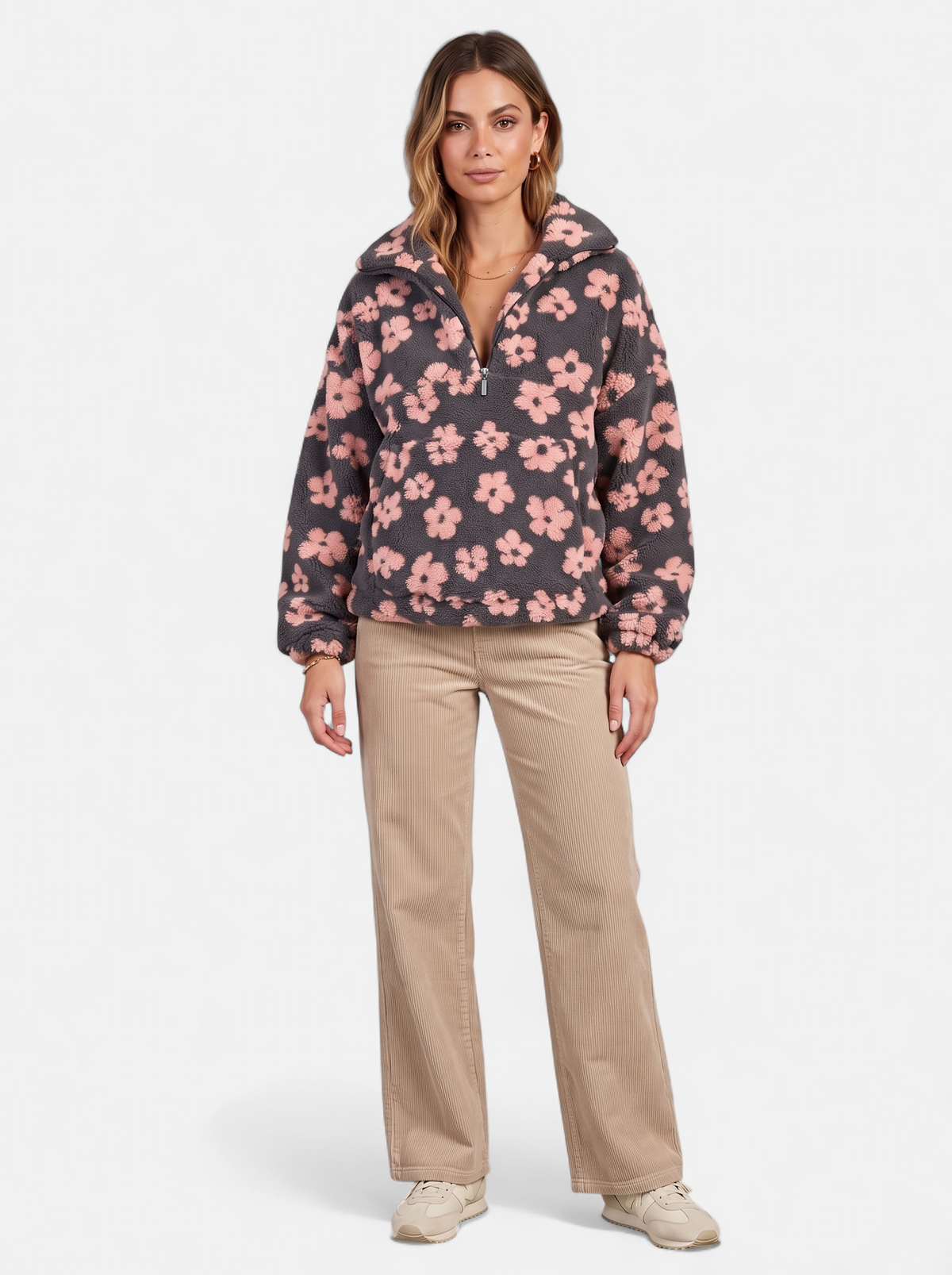 Women's pink floral fleece half-zip jacket full body shot