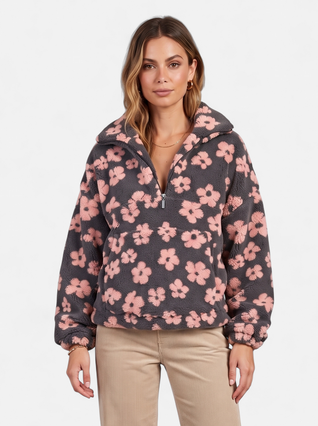 Women's pink floral fleece half-zip jacket hero shot