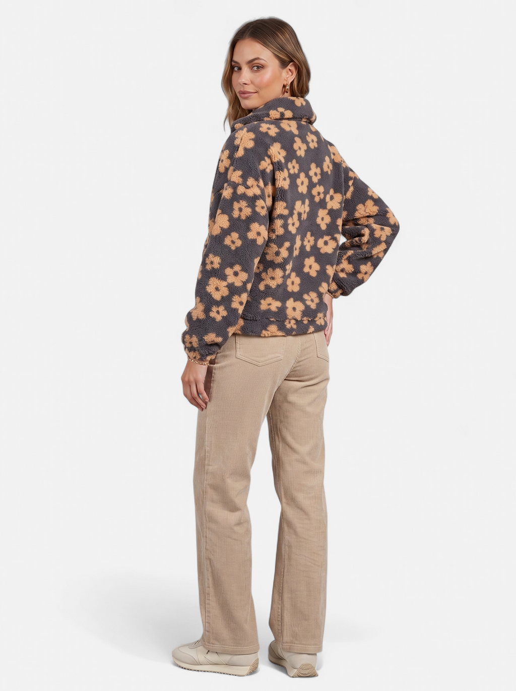 Women's yellow floral fleece half-zip jacket back shot