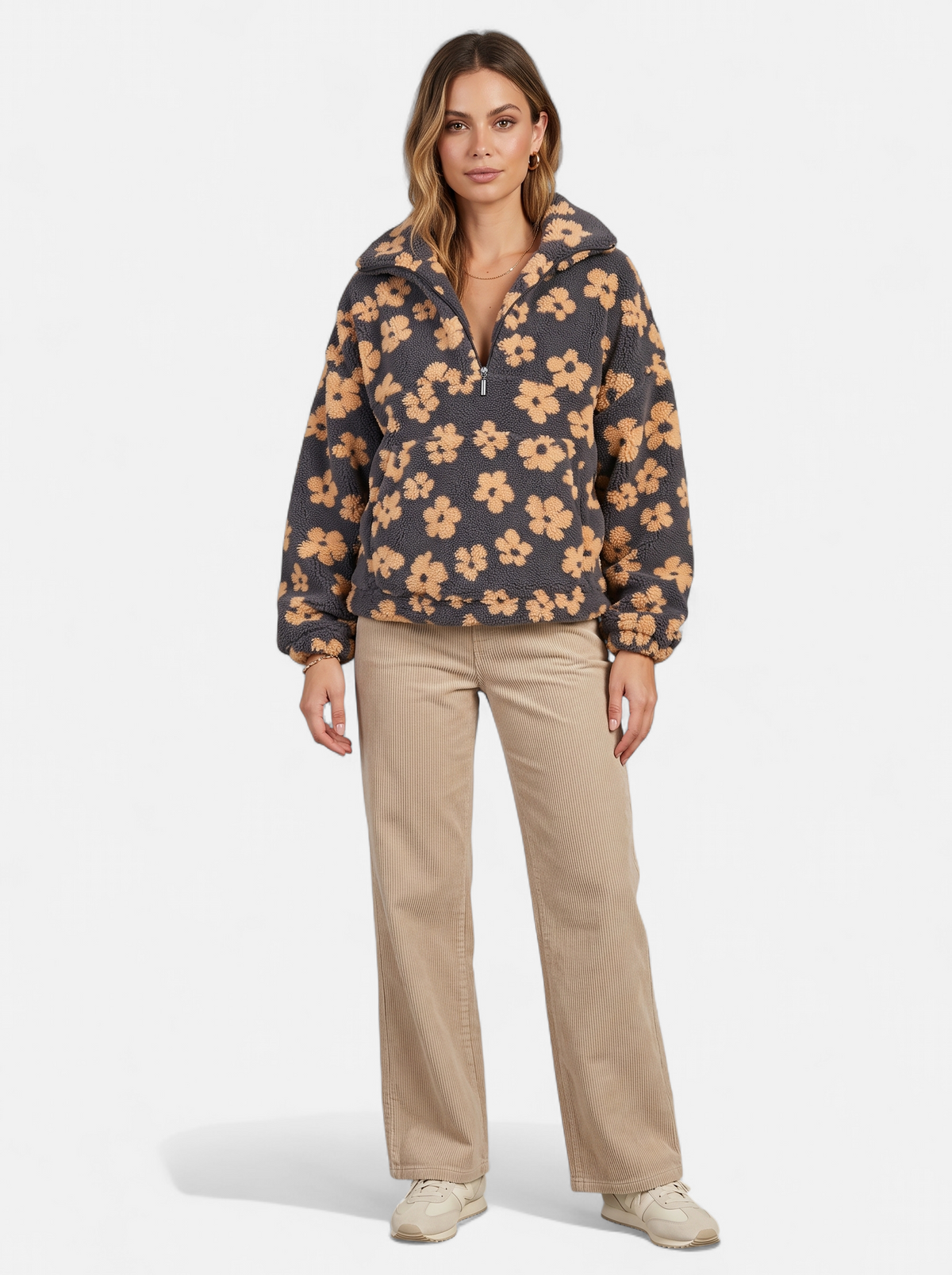 Women's yellow floral fleece half-zip jacket full body shot
