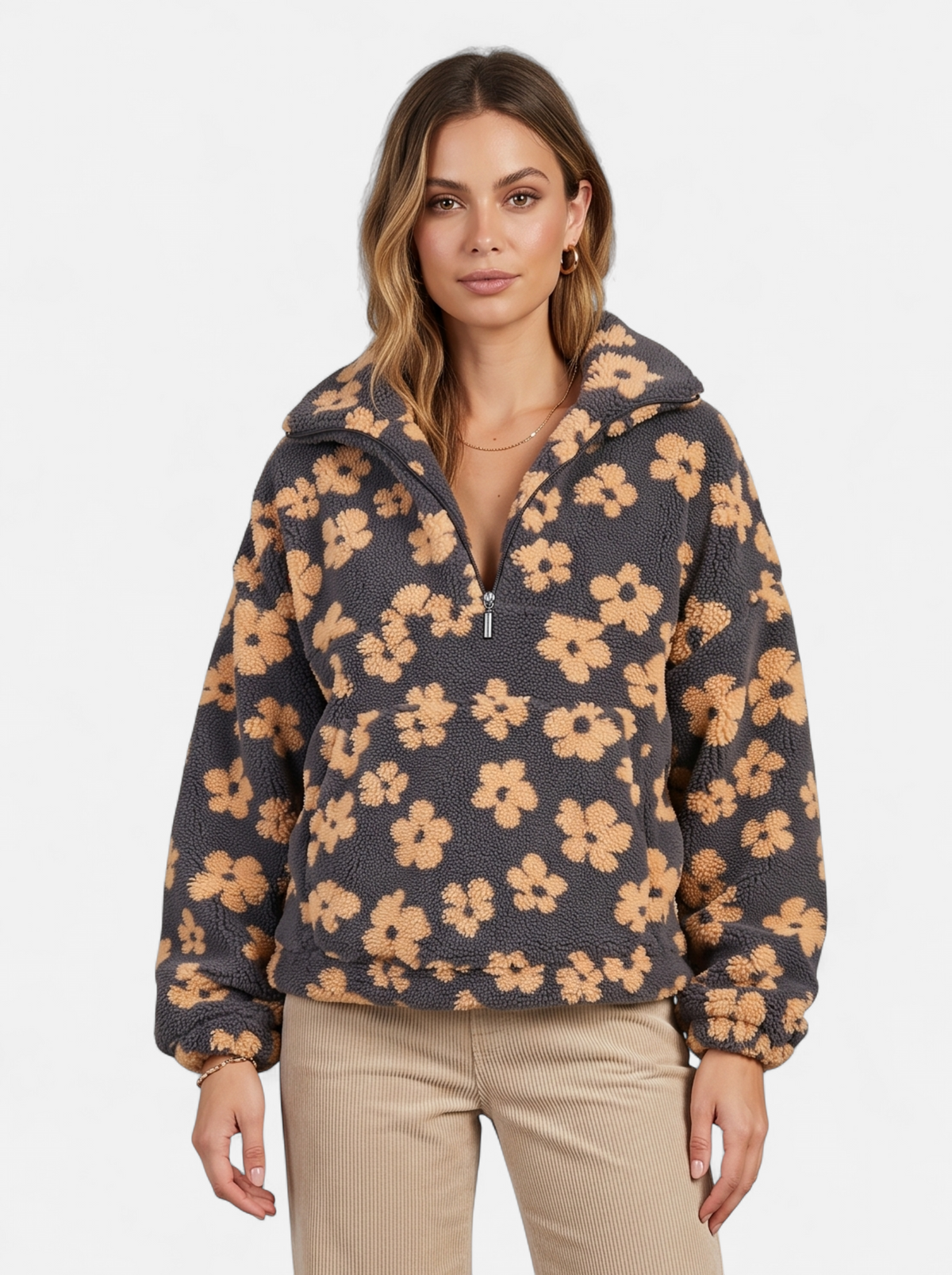 Women's yellow floral fleece half-zip jacket hero shot