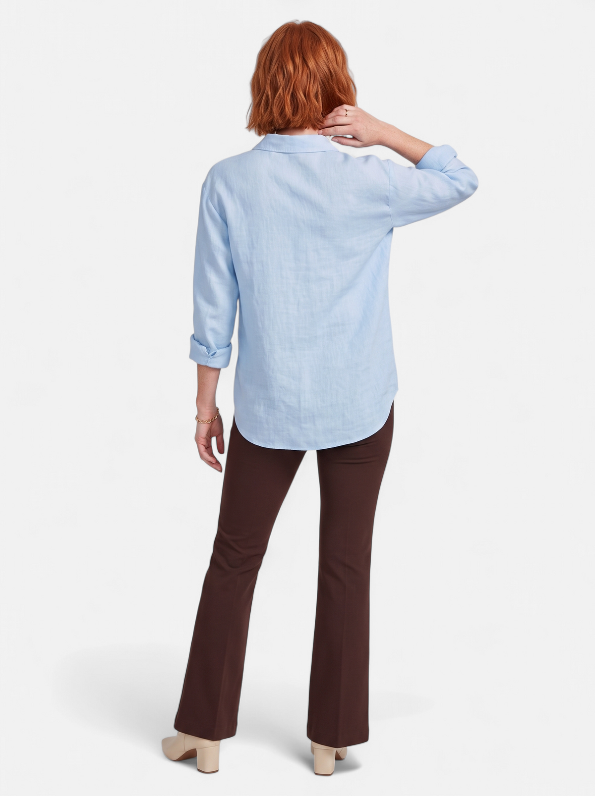 Women's blue oversized linen button-up shirt back shot