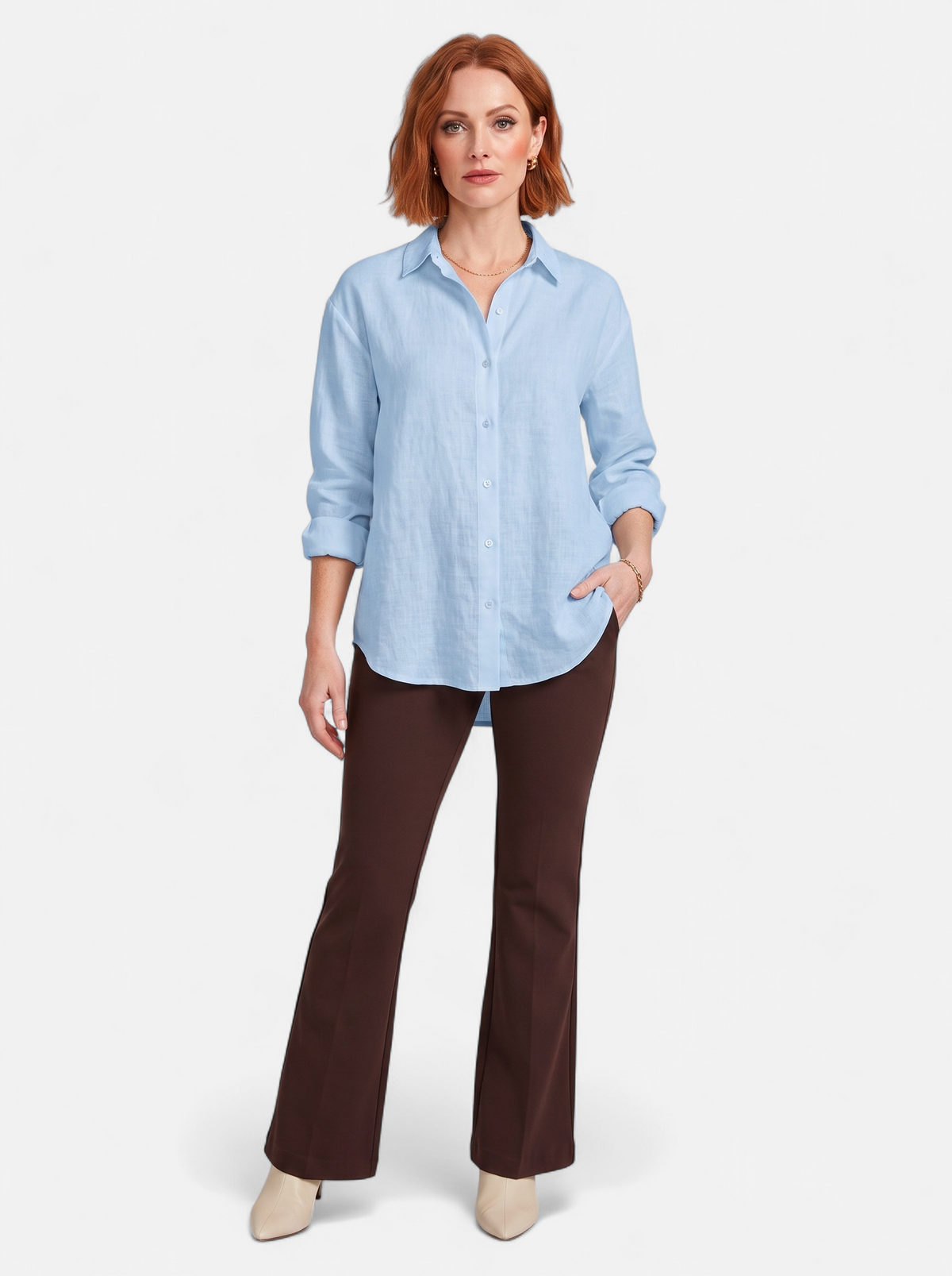 Women's blue oversized linen button-up shirt full body shot