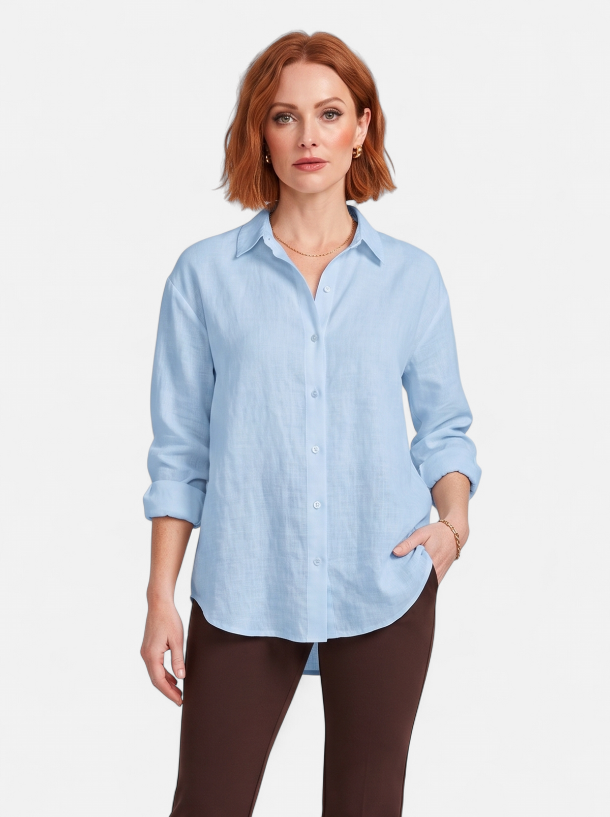 Women's blue oversized linen button-up shirt hero shot