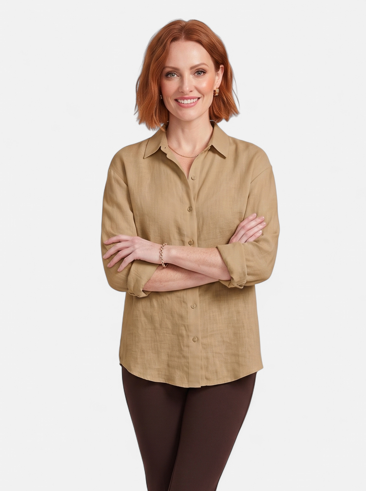 Women's brown oversized linen button-up shirt hero shot