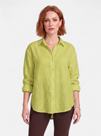 Women's green oversized linen button-up shirt hero shot