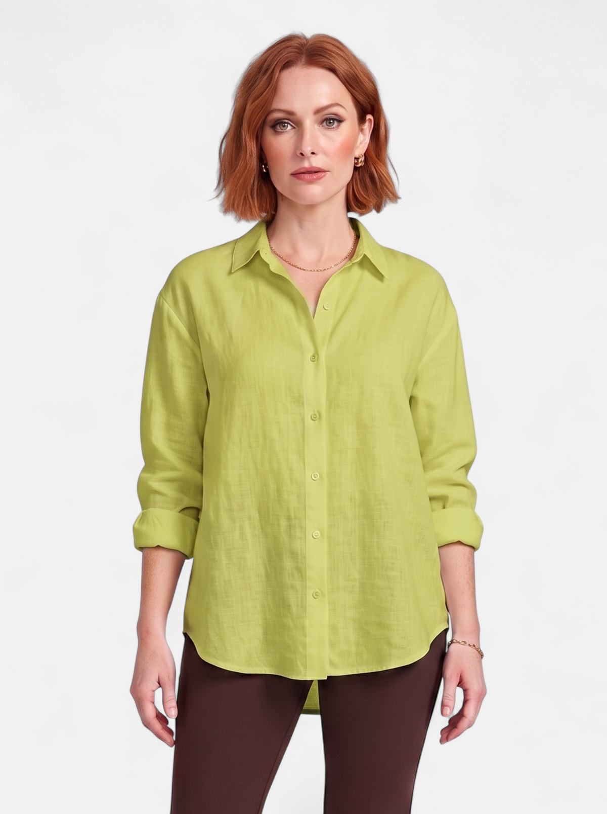 Women's green oversized linen button-up shirt hero shot