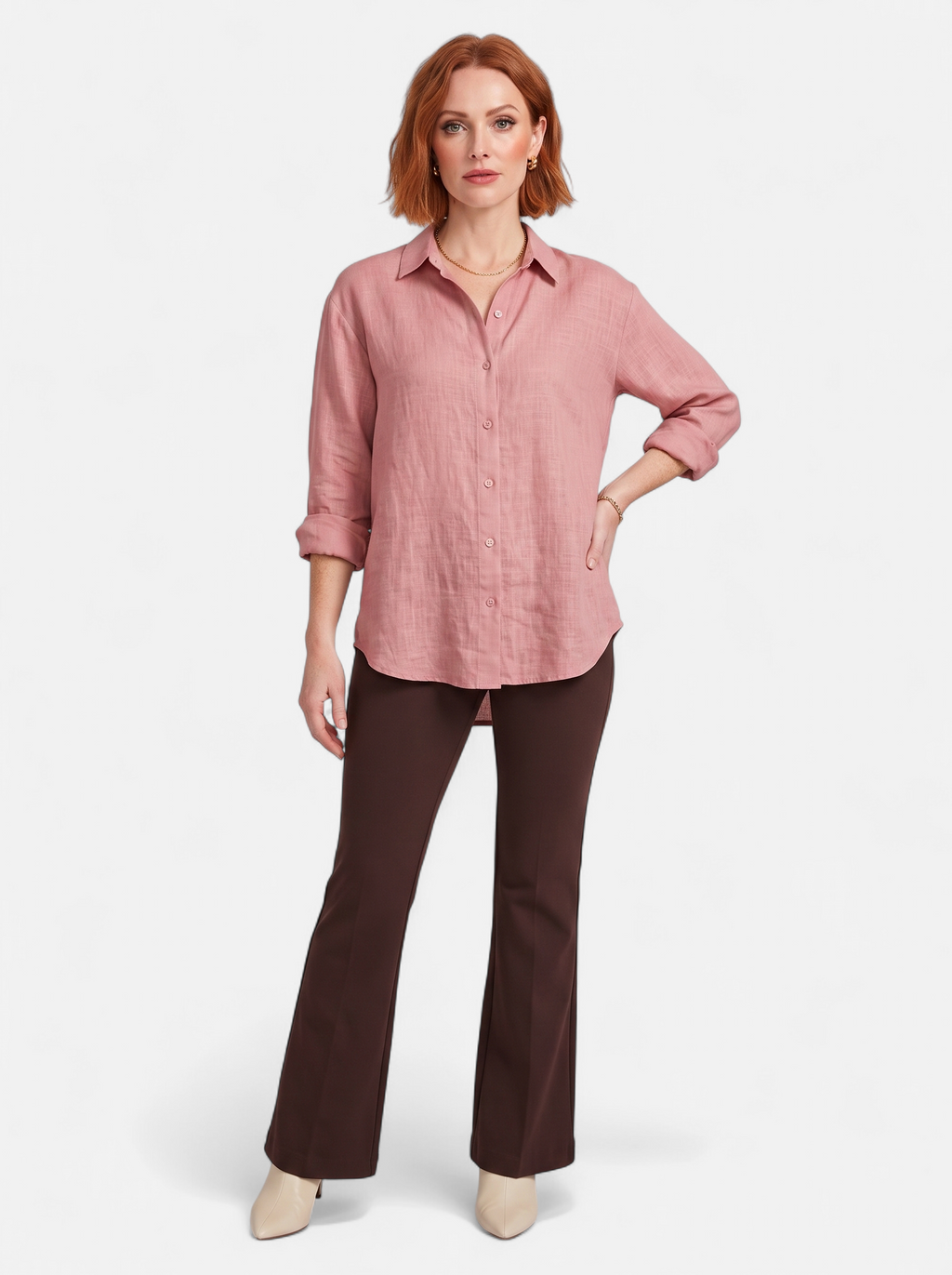 Women's pink oversized linen button-up shirt full body shot