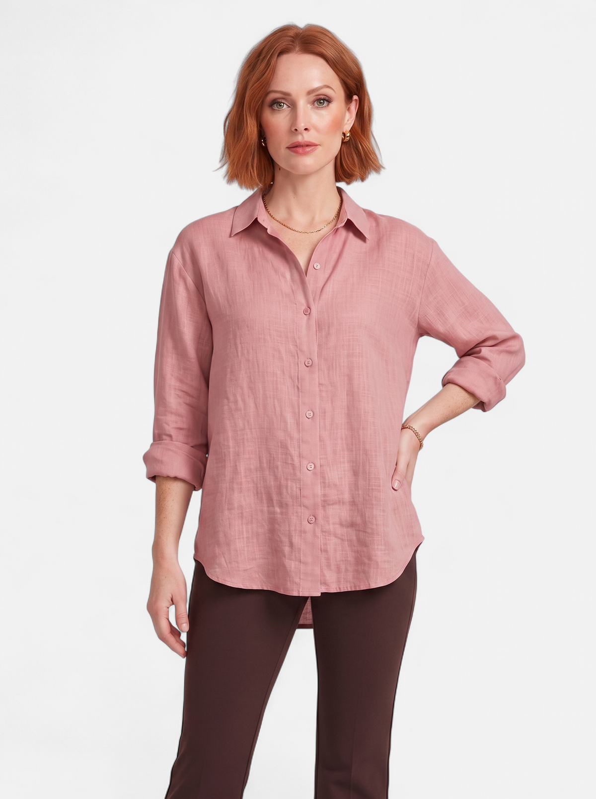 Women's pink oversized linen button-up shirt hero shot