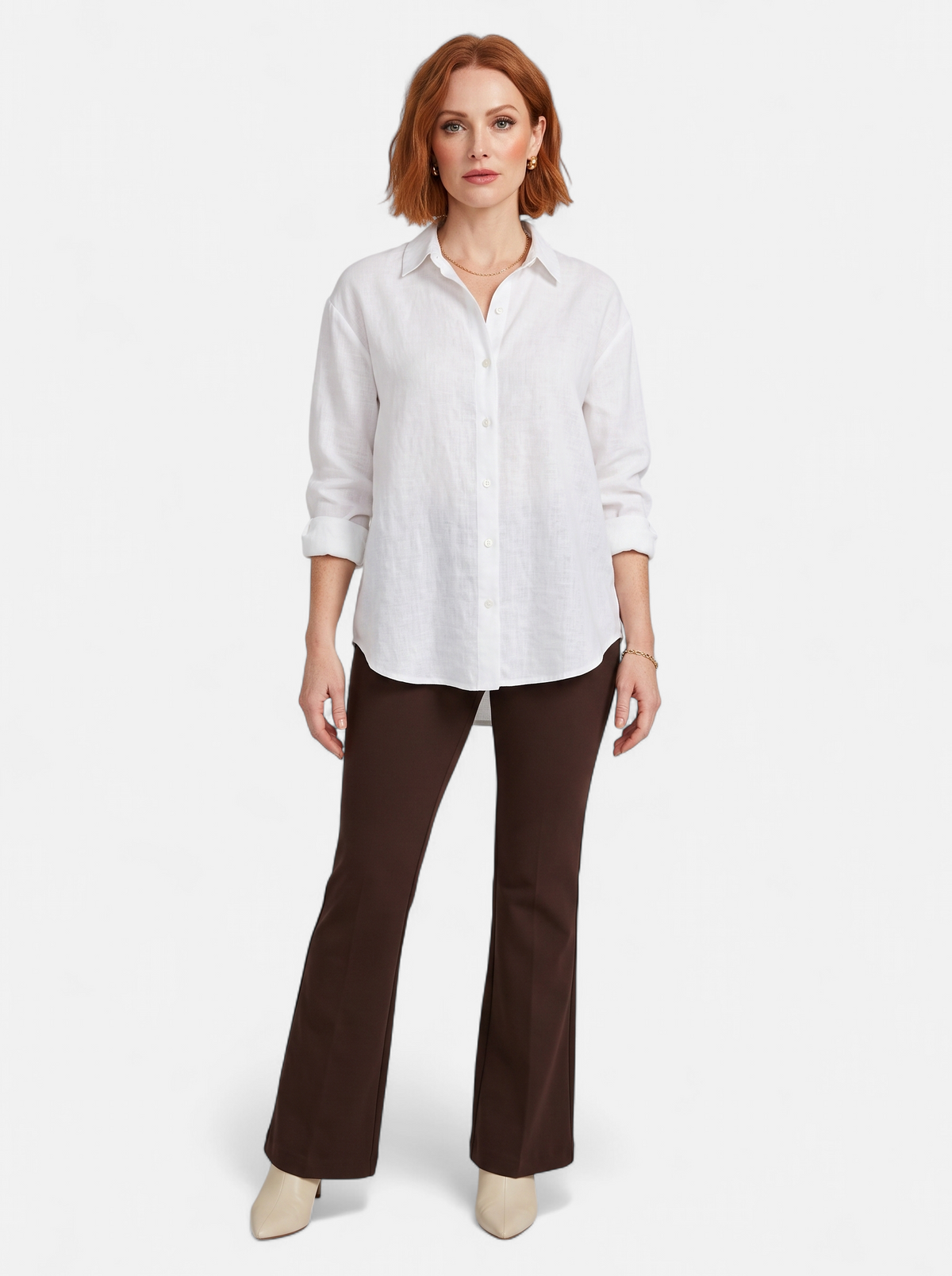 Women's white oversized linen button-up shirt full body shot