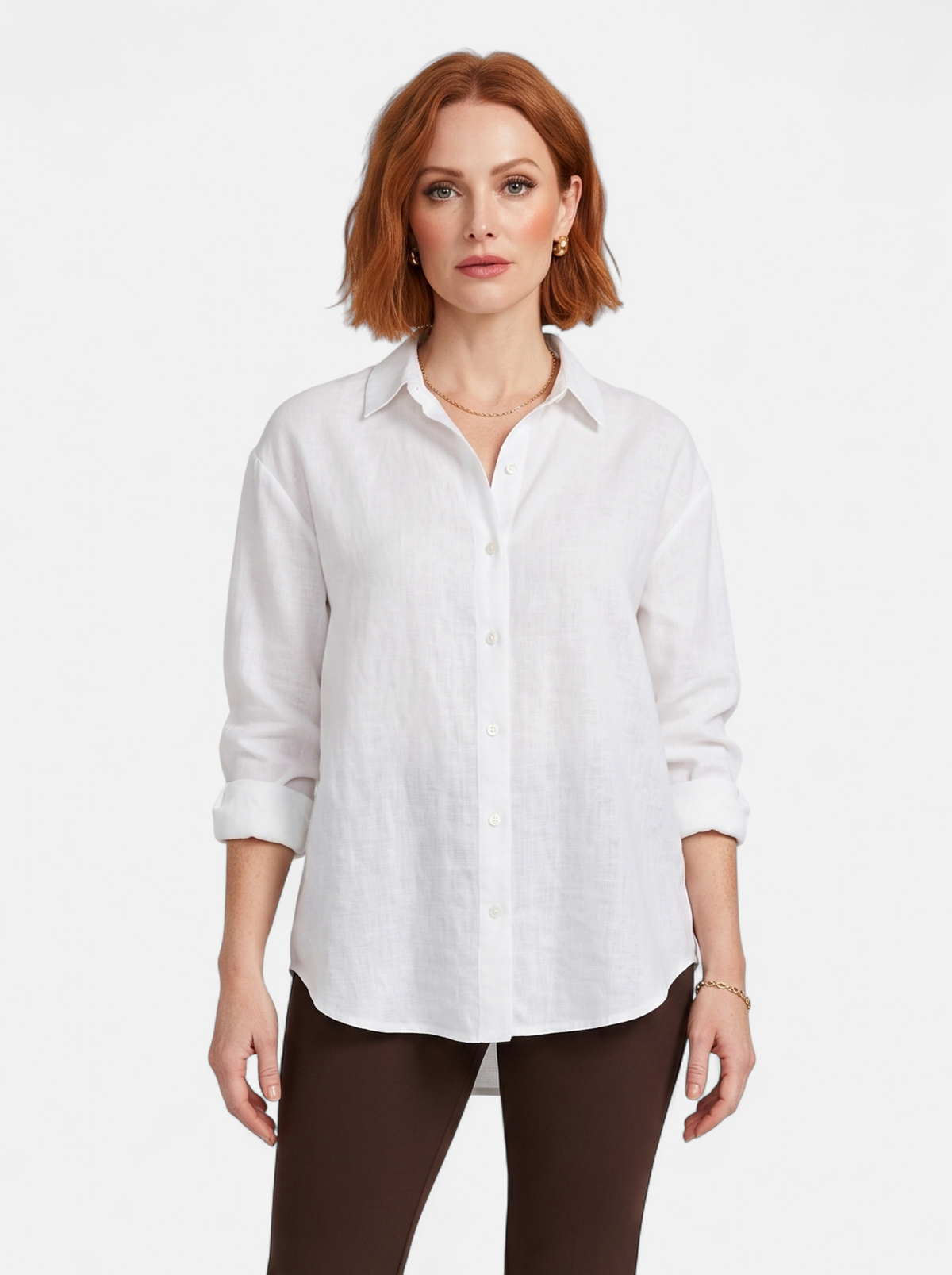Women's white oversized linen button-up shirt hero shot